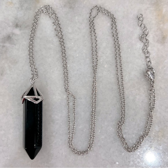 Black Agate Silvertone Crystal Point Pendant Necklace - Picture 3 of 9